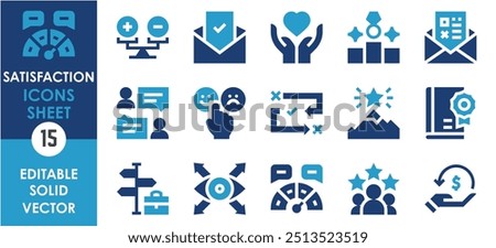 A set of solid icons related to Satisfied. Client, customer, feedback, achieve, way, award, message, vision, job, money back, and so on. Vector flat icons set.