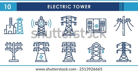 A set of line icons related to Electric Tower. Electric, poles, power station, electricity, high voltage, distribution, and so on. Vector outline icons set.