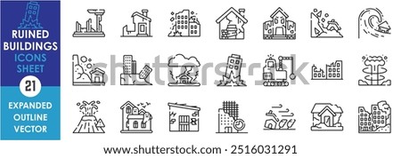 A set of line icons related to Ruined Buildings. Ruin, damage, disaster, destroyed, demolition, destroy, earthquake, war, catastrophe, and so on. Vector outline icons set.