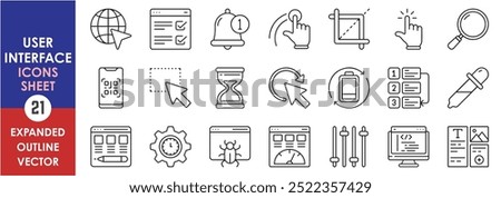 A set of line icons related to User Interfaces. User, UI, design, notification, bell, crop, touch, tap, screen, bug, internet, and so on. Vector outline icons set.