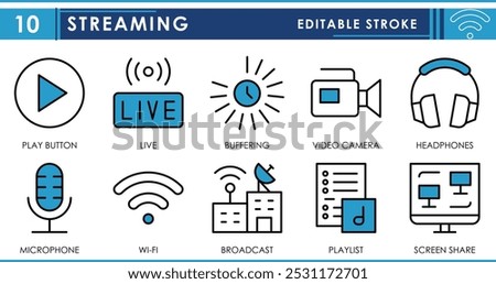 A set of line icons related to Streaming. Video, play, live, buffering, video camera, headphone, screen share, and so on. Vector editable stroke.