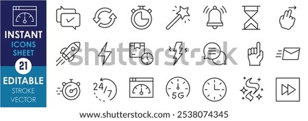 A set of line icons related to Instant. Speed, 5G, network, magic, hourglass, stopwatch, fast, flash, message, chat, rocket, and so on. Vector editable stroke.