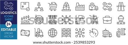 A set of line icons related to Logistics. Goods, shipping, cargo, delivery, calendar, highway, supply, warehouse, money, stock, worker, network, and so on. Vector editable stroke.