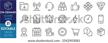 A set of line icons related to On-Demand. Download, headphone, thumbs up, bell, dollar, clock, smartphone, package, and so on. Vector editable stroke.