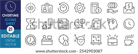 A set of line icons related to Overtime. Target, business, identity, money, time, over, night, stressful, coffee, headache, fees, earning, and so on. Vector editable stroke.