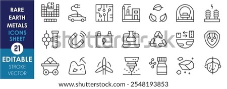 A set of line icons related to Rare Earth Metals. Periodic table, circuit, magnet, chemical, ore, processing, defense, critical minerals, laser, mining, and so on. Vector editable stroke.