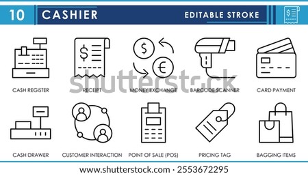 A set of line icons related to Cashier. Cash register, receipt, money exchange, card, drawer, POS, and so on. Vector editable stroke.