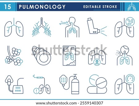 A set of line icons related to Pulmonology. Lungs, Bronchial Tree, asthma, Alveoli, inhaler, Lung Cancer, Sleep Apnea, Tuberculosis, x-ray, and so on. Vector editable stroke.