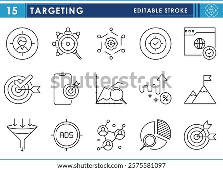 A set of line icons related to Targeting. Target, goal, mindset, job, observation, graph, filter, crosshair, achievement, advertising, and so on. Vector editable stroke.