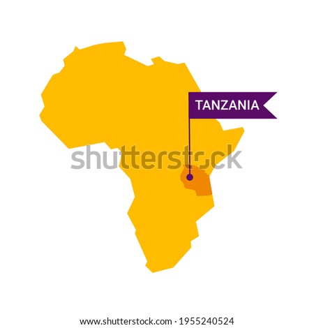 Tanzania on an Africa s map with word Tanzania on a flag-shaped marker. Vector isolated on white.