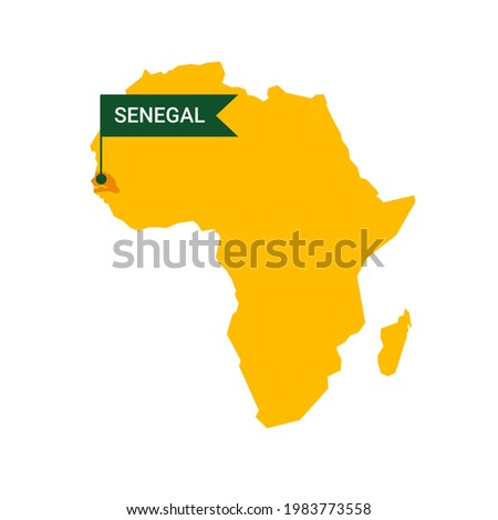 Senegal on an Africa s map with word Senegal on a flag-shaped marker.