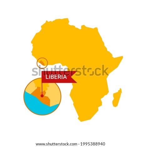 Liberia on an Africa s map with word Liberia on a flag-shaped marker. Vector isolated on white.