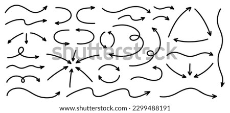Hand drawn semibold line arrows set. Vector curvy, wavy and straight arrows isolated on white background.