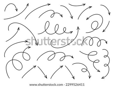 Hand drawn thin line dinamic arrows set. Vector design elements isolated on white background.