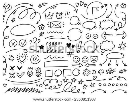 Vector hand drawn desing elements set. Thin arrows and simple line drawings collection isolated on white background.