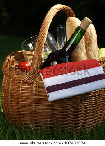 Basket with french wine and baguette for picnic