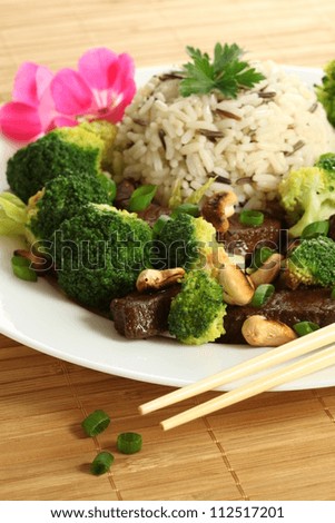 Closeup of colorful chinese meal with beef