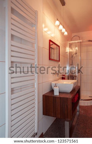 Ruby house - Heater, wash basin and shower in modern bathroom