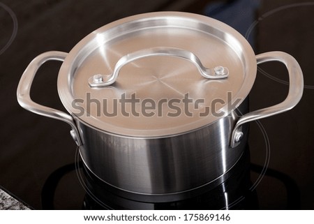 New clean aluminum pot on induction hob in shot from above