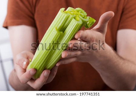 A closeup of a man holding fresh celery sticks