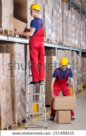 Man standing on ladder while working at height in warehouse