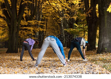 Group of young people doing stretching exercises in park alley