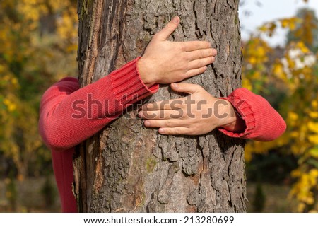 A person in a red sweater hugging a tree trunk