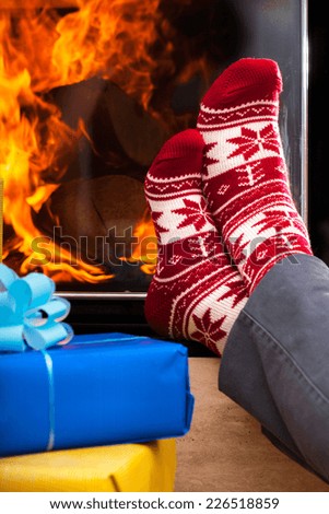 Christmas socks and fire in the fireplace