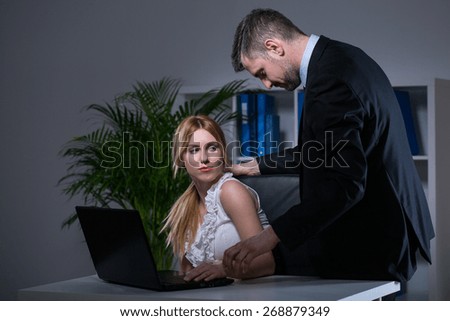 Older handsome employer sexual bullying at work his younger assistant