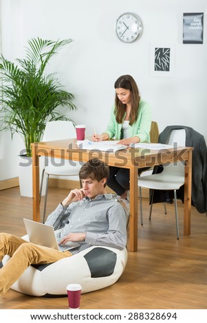 Young people has a positive and cool atmosphere in office