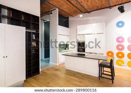 Modern design of small kitchen in new loft