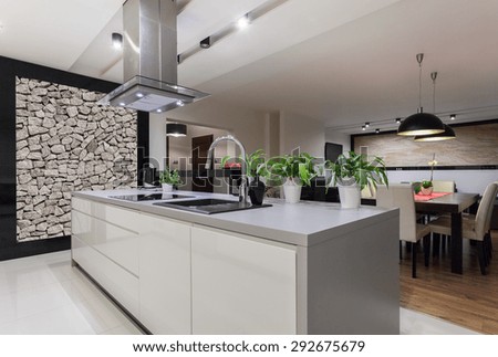 Picture of designed kitchen with stone wall