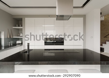 Picture of black and white kitchen interior