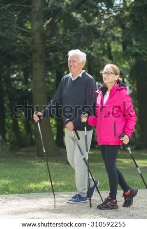 Picture of elder pair strolling with trekking sticks