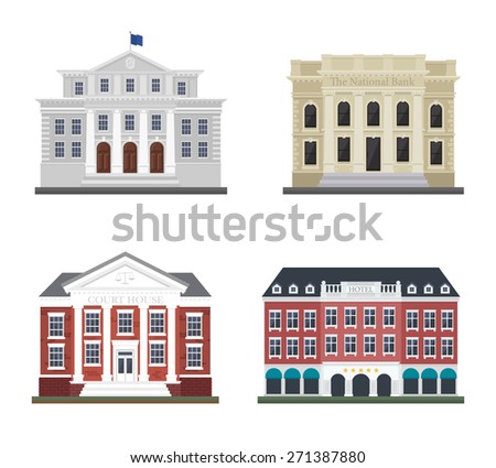 Set the city administration building and the hotel. Detached houses on a white background frontally.