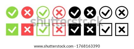 Green check mark and red cross icon set. Circle and square style. Vector illustration.