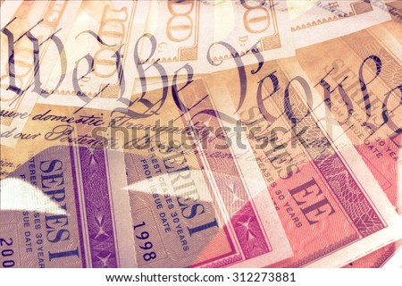 Double exposure US constitution We the People, American flag and treasury savings bond - Finance and government concept