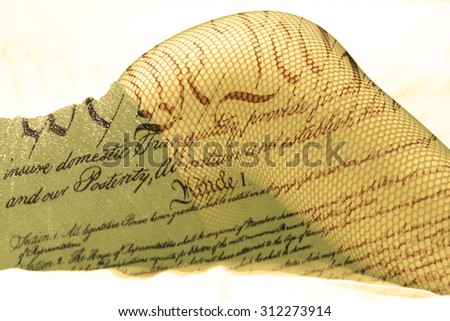 Double exposure female legs in fishnet stockings with US constitution background - Fashion and love romance concept