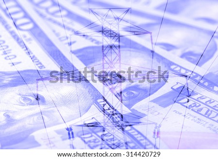 Double exposure high voltage power lines with hundred dollar bill background - Energy expense and finance concept