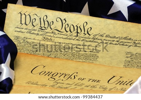 Constitution of the United States and American Flag, We The People