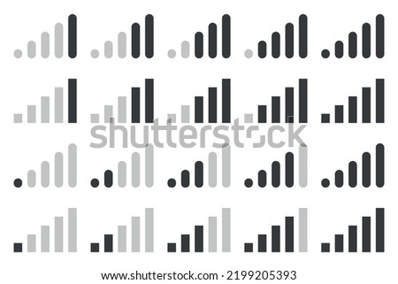 Connection icon set. Mobile phone bar icons. Signal strength Icon. Signal strength indicator. Wireless symbol. Connection levels.