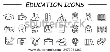 Education line icon collection. Vector illustration. Containing knowledge, college, task list, design, training, idea, teacher, file, graduation hat, institute, ruler, telescope.