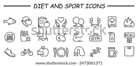 Fitness related line icon set. Gym exercises linear icons. Sport and training outline vector signs and symbols collection. Diet and sport.