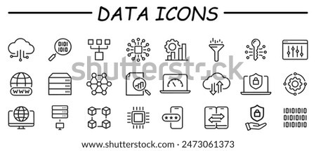 Data icon collection. Flat vector illustration. Containing data integration, data management, file backup, search, data science, analytics, check, network, classification, binary.