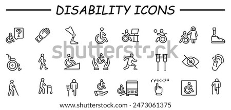 Disability, icon set. disabled people, handicap, physical impairments, assistance, linear icons. 