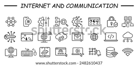 Internet and communication icons. Set of icons related to network, internet, communication, cloud computing and services, server, cyber security, digital transformation. Vector linear illustration.