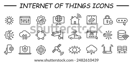 Internet of things web line icons. such as surveillance, sensor, IoT. Artificial Intelligence. Set vector line icons with open path internet of things and smart gadgets. Vector illustration.