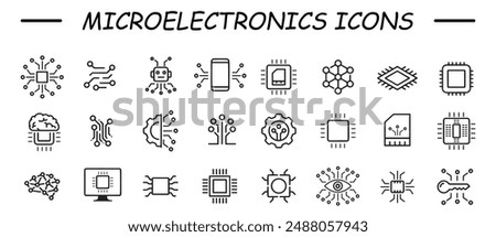 Microelectronics icon set. Chip computer. Engineering electronic micro scheme computer system board vector icon set