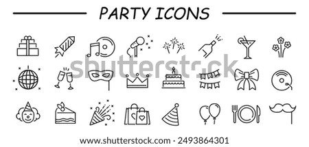 Event planning icons. Simple set of party related vector line Icons. Contains such Icons as bouquet of flowers, karaoke, dj, masquerade and more.