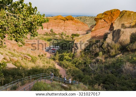 RED ROCKS, COLORADO/USA - AUG 29 2015: Concert attendees climb the stairs at Red Rocks amphitheater venue on their way to watch a night of music